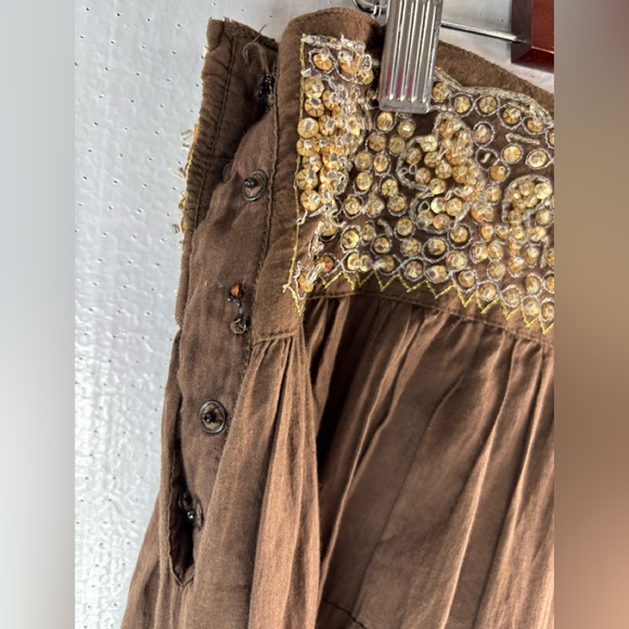 BCBGMaxAzria S Cotton Tiered Brown Embellished Beaded Waist Midi Skirt - Picture 8 of 12
